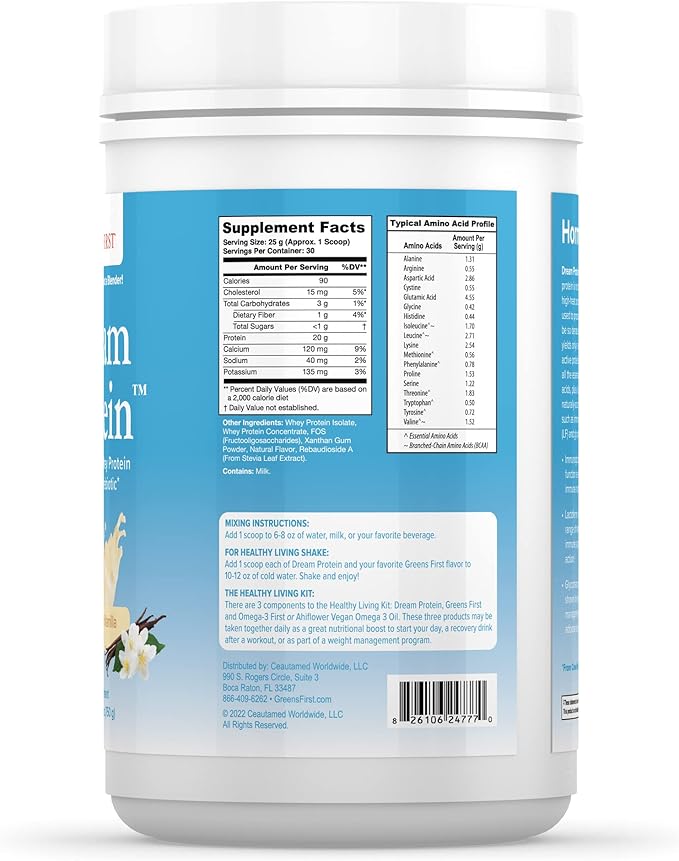 Greens First Dream Whey Protein Powder, Creamy French Vanilla, 30 Servings – 20 g Protein – Low Carb Powder – Hormone-Free, Non-GMO, No Artificial Sweeteners/MSG/Aspartame, 26.5 oz