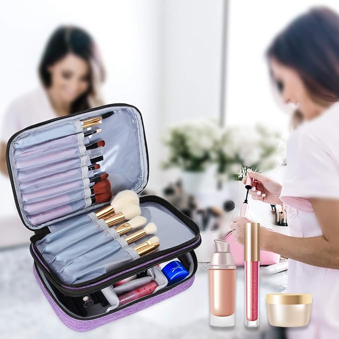Teamoy Travel Makeup Brush Case(up to 8.8"), Professional Makeup Train Organizer Bag with Handle Strap for Makeup Brushes and Makeup Essentials-Medium, Purple(No Accessories Included)