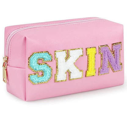 Preppy Makeup Bag, Synthetic Leather Patch Cosmetic Bag with SKIN Chenille Letter for Skincare, Gift for Girlfriend or Wife, Present for Girls, Daughter and Mum (Pink)