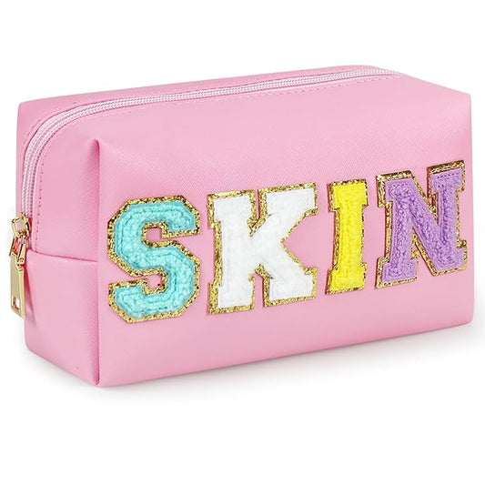 Preppy Makeup Bag, Synthetic Leather Patch Cosmetic Bag with SKIN Chenille Letter for Skincare, Gift for Girlfriend or Wife, Present for Girls, Daughter and Mum (Pink)