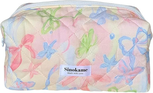 Cotton Quilted Makeup Bag Small, Bow Coquette Aesthetic Cosmetic Bag Case Travel Storage Skincare Bag Brush Organizer for Women,Coquette Girl