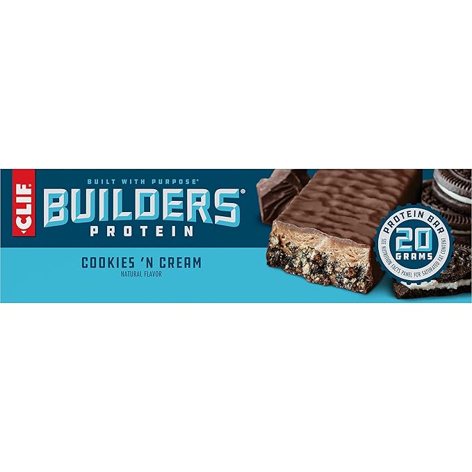 CLIF Builders - Cookies 'n Cream Flavor - Plant Based Protein Bars - Gluten Free - Non-GMO - Low Glycemic - 20g Protein - 2.4 oz. (12 Count)