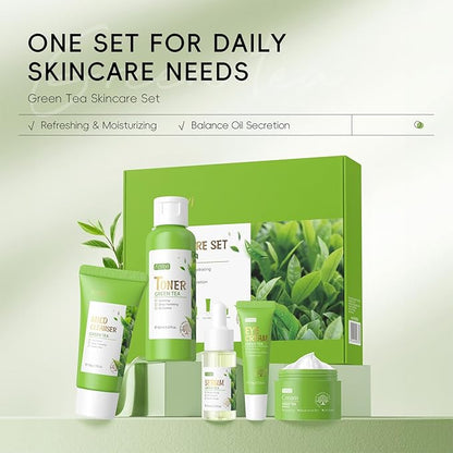 Green Tea Skincare Set For Women & Girls, Green Tea Skin Care Set With Cleanser,Toner,Eye Cream,Face Cream,Serum, Beauty Gifts For Women Girls, Skin Care For Teens 10-12