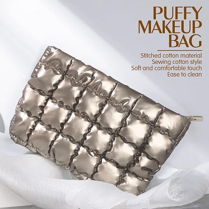 Hillban Puffy Quilted Makeup Bag Quilted Cosmetic Bag Cute Puffer Toiletry Checkered Pouch Aesthetic Travel Makeup Brushes Organizer(Champaign Gold,Classic)