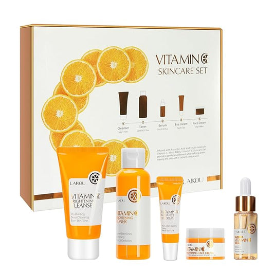 5 Pieces Vitamin C Serum Facial Skin Care Set,Skin Revitalizer, Nourishing, Lightening, Brightening Skin Tone, Gift Set Travel Size Kit with Cleanser, Toner, Serum, Eye Cream, Face Cream