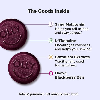OLLY Sleep Gummy, 3 mg Melatonin, L-Theanine, Chamomile, and Lemon Balm Extracts, Blackberry Flavor, 30 Day Supply - 60 Count (Packaging May Vary)