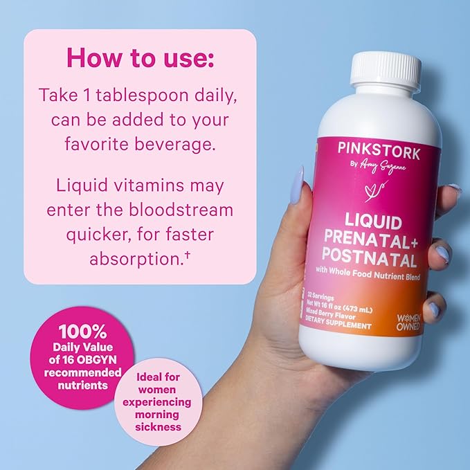 Pink Stork Liquid Prenatal Vitamins for Women - Organic Food Blend - for Fertility, Pregnancy, Postpartum- Morning Sickness Support - Breastfeeding and Lactation - 32 Servings