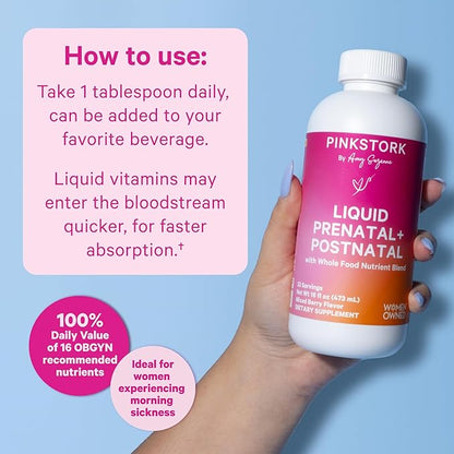 Pink Stork Liquid Prenatal Vitamins for Women - Organic Food Blend - for Fertility, Pregnancy, Postpartum- Morning Sickness Support - Breastfeeding and Lactation - 32 Servings
