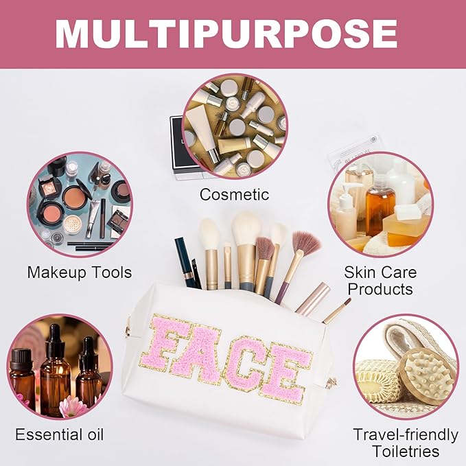 Face Bag Preppy Travel Makeup Bag Organizer Patch Large Varsity Stoney Clover Chenille Letter Cosmetic Toiletry Nylon Cute Preppy Bags PU Leather Waterproof Portable Pouch Storage Purse