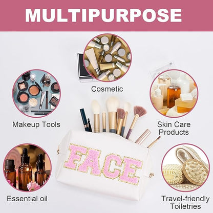 Face Bag Preppy Travel Makeup Bag Organizer Patch Large Varsity Stoney Clover Chenille Letter Cosmetic Toiletry Nylon Cute Preppy Bags PU Leather Waterproof Portable Pouch Storage Purse