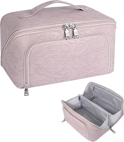 Travel Makeup Bag, Large Capacity Cosmetic Bags for Women, Waterproof Lining and PU Leather Portable Pouch, Open Flat Toiletry Bag, Make up Organizer with Divider & Handle (Pink)