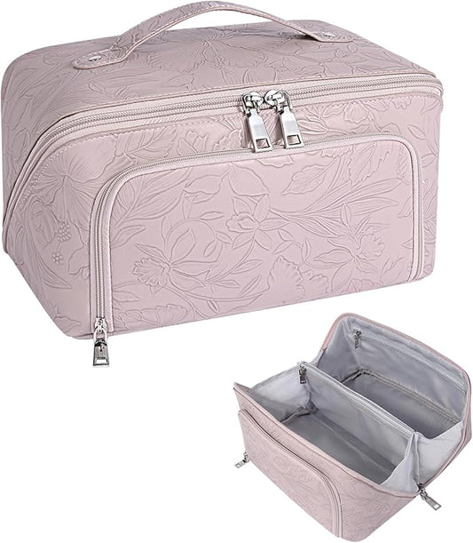 Travel Makeup Bag, Large Capacity Cosmetic Bags for Women, Waterproof Lining and PU Leather Portable Pouch, Open Flat Toiletry Bag, Make up Organizer with Divider & Handle (Pink)