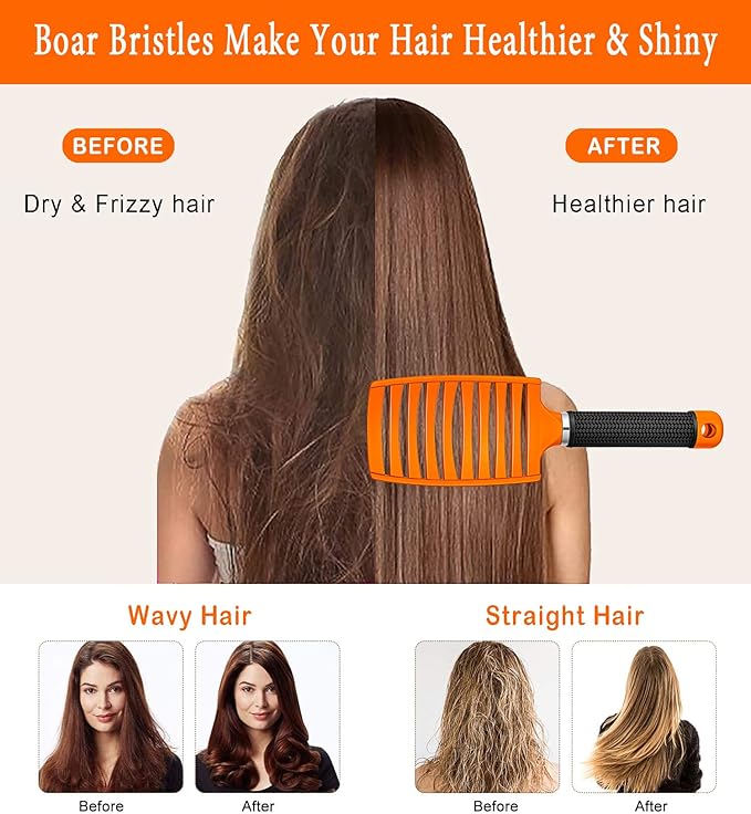 KTKUDY Detangling Brush Boar Bristles Hair Brush Make Hair Shiny & Healthier Curved and Vented Detangler Brush for Women Men Kids Wet and Dry Hair (Orange)