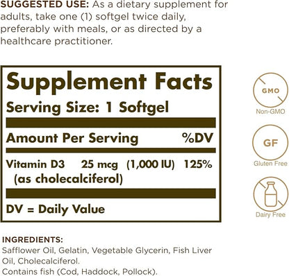 Solgar Vitamin D3 (Cholecalciferol) 25 MCG (1000 IU), 250 Softgels - Helps Maintain Healthy Bones & Teeth - Immune System Support - Non-GMO, Gluten Free, Dairy Free - 250 Servings