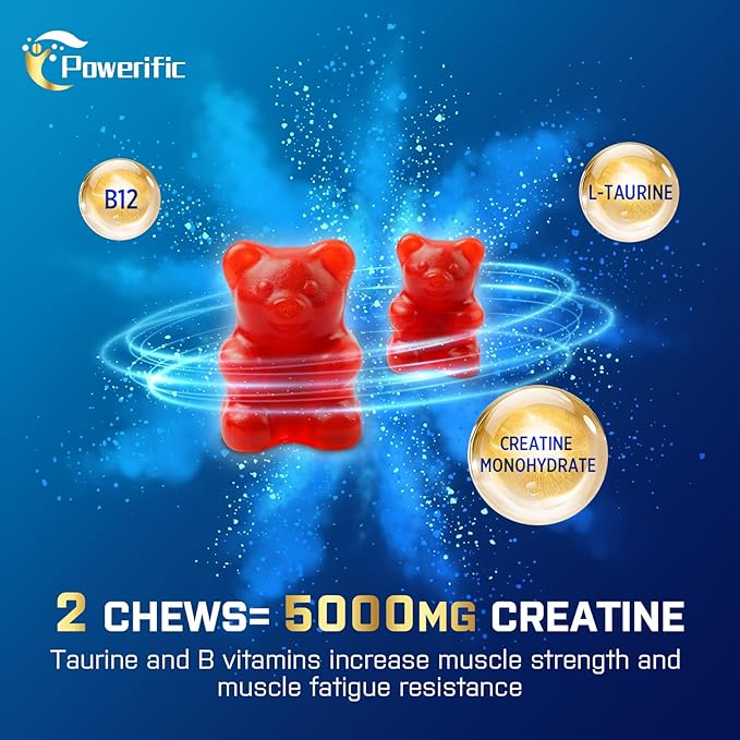 Creatine Monohydrate Gummies for Men & Women, Creatine Pre Workout Gummies with Taurine&B6, Chewable Creatine Monohydrate Gummies 5g, Increase Strength, Energy, Endurance, Muscle, Vegan, Organic