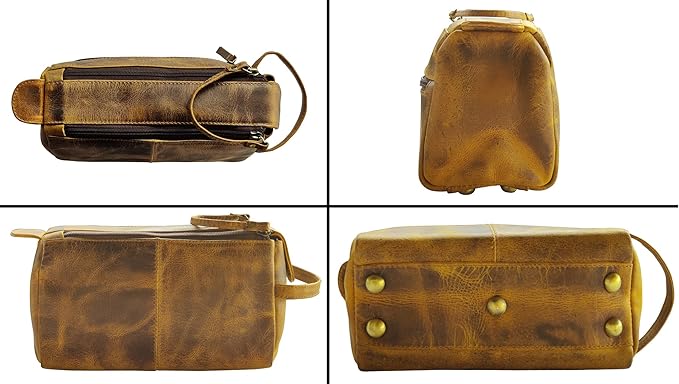 RUSTIC TOWN Buffalo Leather Toiletry Bag : Vintage Travel Shaving & Dopp Kit : for Toiletries, Cosmetics & More : Spacious Interior & Waterproof Lining : Compact, Fits Easily in Luggage