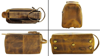 RUSTIC TOWN Buffalo Leather Toiletry Bag : Vintage Travel Shaving & Dopp Kit : for Toiletries, Cosmetics & More : Spacious Interior & Waterproof Lining : Compact, Fits Easily in Luggage