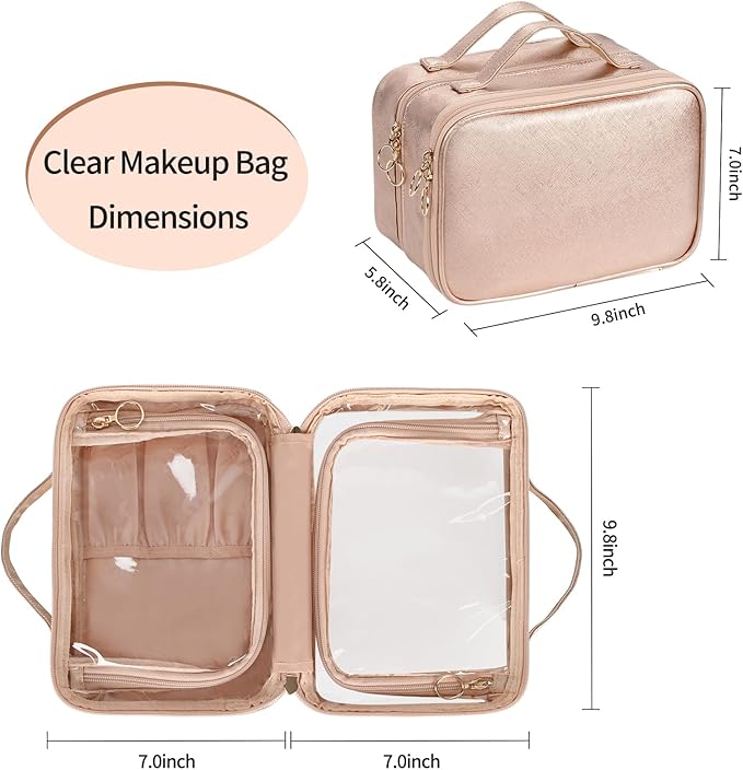 OCHEAL Makeup Bag, Double Layer Cosmetic Bag, Large Capacity New Look Clear Cosmetic Case for Women Travel Beauty Essentials, Multiple Compartments Makeup Case Organizer Zipper Pouch -Rose Glod