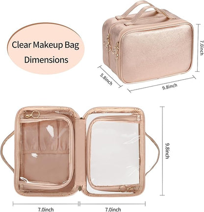 OCHEAL Makeup Bag, Double Layer Cosmetic Bag, Large Capacity New Look Clear Cosmetic Case for Women Travel Beauty Essentials, Multiple Compartments Makeup Case Organizer Zipper Pouch -Rose Glod