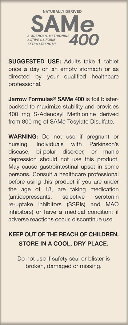 Jarrow Formulas Same 400 mg, Supports Joint Health, Liver Function, Brain Metabolism, 60 Tablets, Up to a 60 Day Supply,Pack of 12