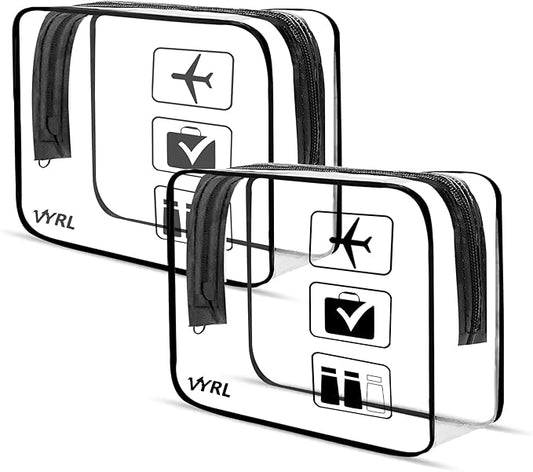 VYRL 2 Pack Clear Makeup Bag - Quart Size 3-1-1 TSA Approved Toiletry Bag with Zipper - Water-Resistant Durable PVC Clear Toiletry Bag for Carry-on Airport Travel Accessories - Black
