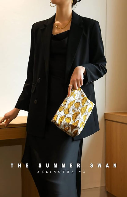 The Summer Swan | Floral Cosmetic Bag｜Large Aesthetic Travel Makeup and Personal Item Pouch For Purse | Skincare Bag (Mushroom Yellow)