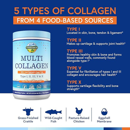 Terranics Multi Collagen Peptides Powder, Type I II III V X Collagen for Women & Men, Collagen Supplements for Skin, Nail, Hail & Joint, Easy to Dissolve, Unflavored, No Sugar, Keto, 8oz