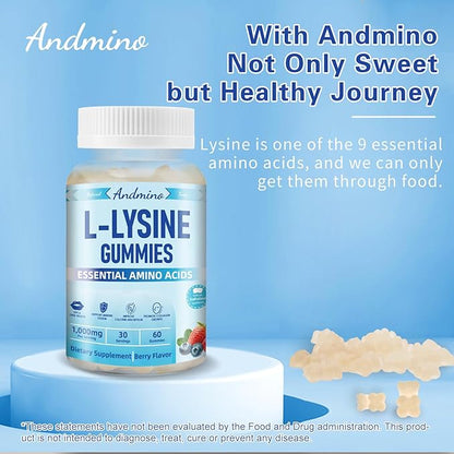 L-Lysine Gummies 1000 mg, with Trehalose, L Lysine Gummies for Lips & Oral Health, Boost Immune & Collagen & Calcium, for Adults & Kids, Non-GMO, Vegan, Gluten Free, Berry Flavor, 60