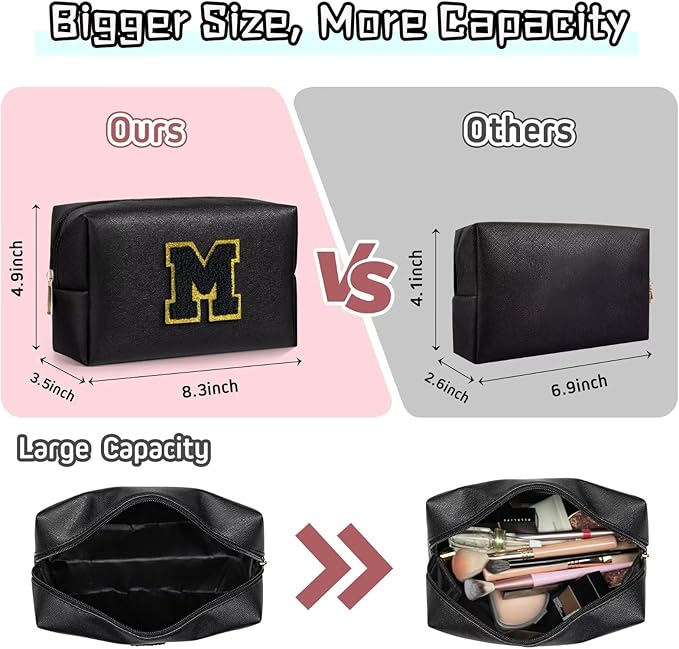 TOPEAST Preppy Makeup Bag, Small Cosmetic Travel Bags for Women, PU Leather Waterproof Toiletry Bag with Zipper, Personalized Birthday Gift for Women Girl, Preppy Gifts for Girl (Black Y)