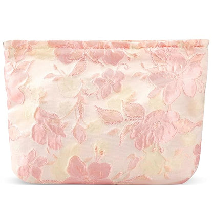 ZLFSRQ Flower Makeup Bag Travel Cute Floral Cosmetic Bags for Women Large Capacity Toiletry Pouch Zipper Cosmetic Pouch for Purse Aesthetic Embossed Pink Makeup Organizer Portable Toiletry Bags