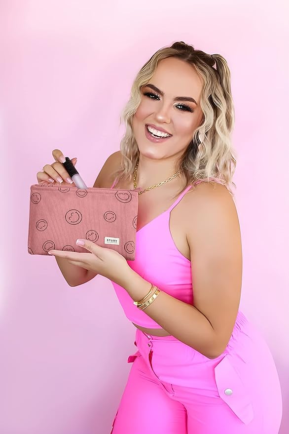 WLLWOO Makeup Bag-2pcs Smile Face Corduroy Cosmetic Bag Zipper Interior Waterproof Pencil Case Coin Purse Travel Toiletry Small Makeup Pouch For Women