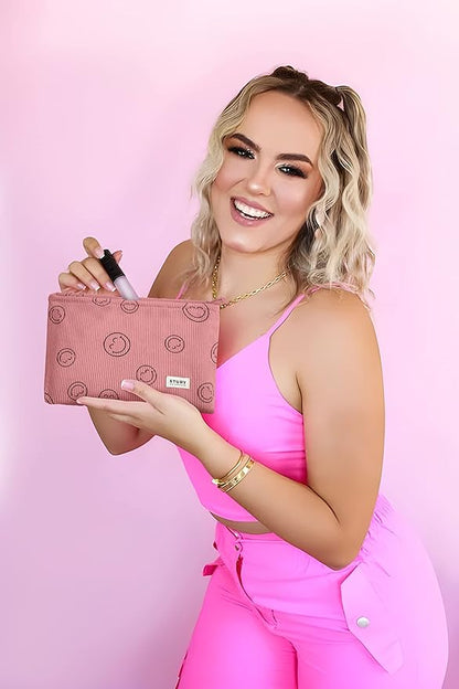 WLLWOO Makeup Bag-2pcs Smile Face Corduroy Cosmetic Bag Zipper Interior Waterproof Pencil Case Coin Purse Travel Toiletry Small Makeup Pouch For Women