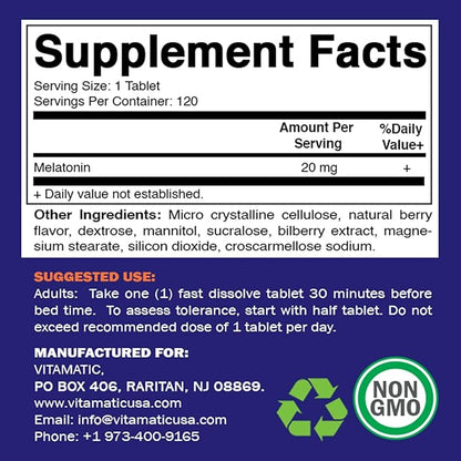 Vitamatic Melatonin 20mg Tablets | Vegetarian, Non-GMO, Gluten Free | HIGH Potency 20 MG | Natural Berry Flavor (1/2 Tablets = Melatonin 10mg) (120 Count (Pack of 6))