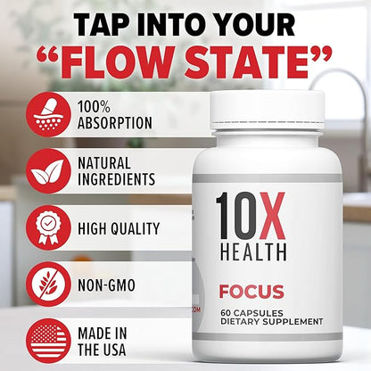 10X Health Focus Brain Supplements for Memory and Focus - Cognitive Supplement Boost Clarity, Alertness, and Energy with Huperzine-A, Ginkgo Biloba, and Rhodiola Rosea - 60 Capsules