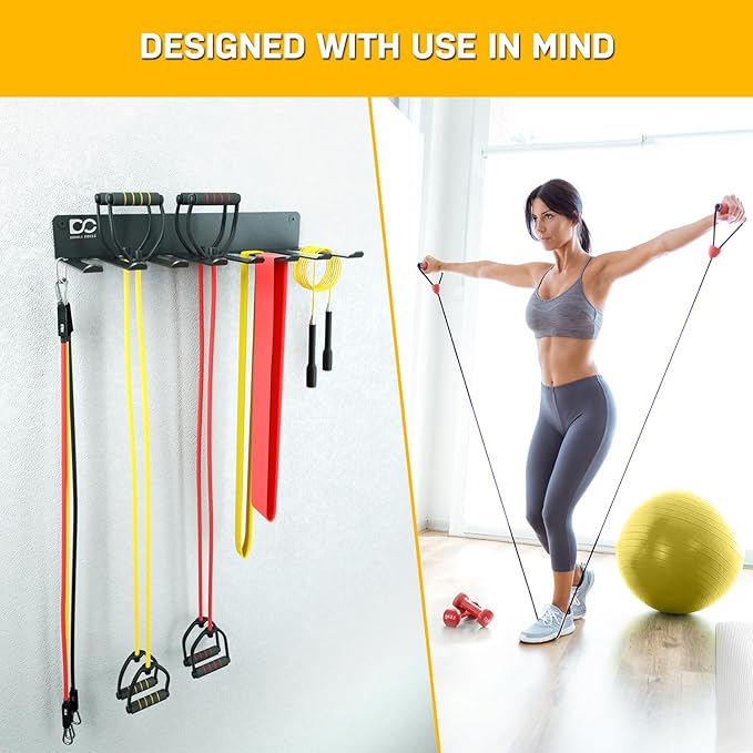 Double Circle Gym Equipment Storage Rack - Multi Purpose Gym Equipment Wall Rack Hanger for Pro Home Gym Storage for Exercise Bands, Barbell Bar, Jump Ropes, Chains, Lifting Belts (17" - Hooks)