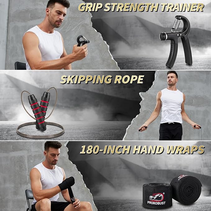 Prorobust Punching Bag for Adults, 4ft Oxford Heavy Boxing Bag Set, 12 oz Boxing Gloves, Hand Wraps, Jump Rope & Strength Trainer. Versatile Boxing Training Equipment for Kick Boxing Karate - Unfilled
