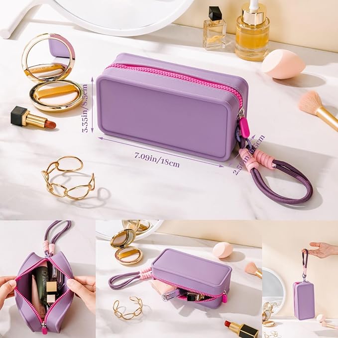 Travistar Silicone Travel Makeup Bag - Small Make Up Pouch Portable Cosmetic Bag Travel Makeup Organizer Bag Waterproof Toiletry Bag Womens Brush Holder Bag with Zipper Closure Small Size Khaki
