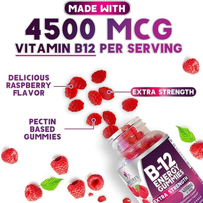 Vitamin B12 Energy Gummies - Extra Strength 4500mcg Chewable for Energy & Nervous System Health Support, B-12 Complex Gummy Vitamin for Women, Men, Kids - Non-GMO, Vegan, Berry Flavor - 120 Gummies