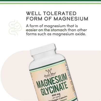 Magnesium Glycinate 400mg, 180 Capsules (Vegan Safe, Third Party Tested, Gluten Free, Non-GMO) High Absorption Magnesium by Double Wood Supplements