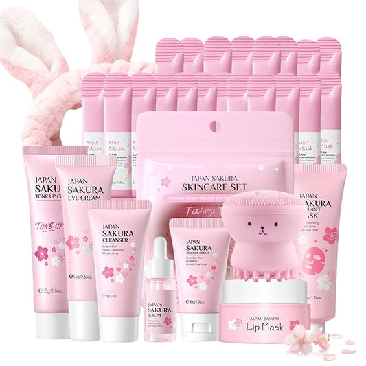 Sakura Skin Care Set for Teen Girls - Skin Care for Teens 10-12 Gifts Japan - Skincare for Girls 10-12 - Gift Set for Women with Cleanser,Serum,Cream(One Size, 8PCS Sakura Scent)