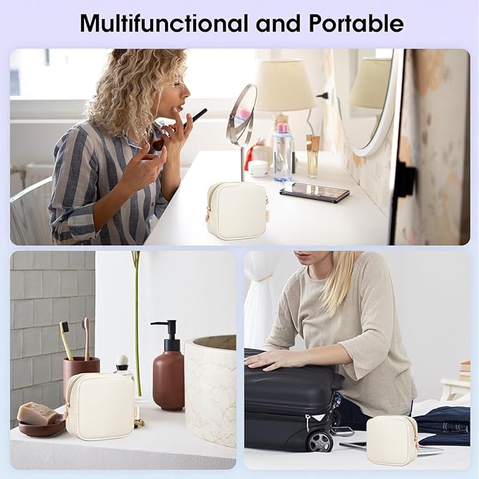 Wandering Nature Small Makeup Bag for Purse Mini Make up Pouch Cute Cosmetic Pouch for Women with Slip-in Pockets Matte Leather, Milky White