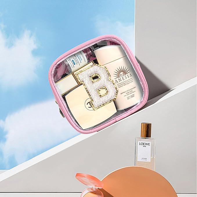 LETGO Mini Initial Makeup Bag | Preppy Makeup Bag | Clear Makeup Bag | Travel Essentials Gifts for Women Teen Girlfriend Teacher Brithday Gifts | Clear Toiletry Bag Small Mini Cosmetic Bag (Pink, B)