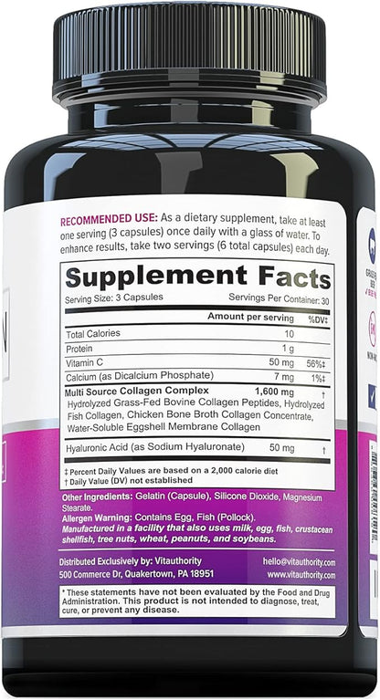 Vitauthority Multi Collagen Pills for Women and Men High Absorption Hydrolyzed Collagen Peptides Capsules for Hair Skin and Nails with Types I II III V X Hyaluronic Acid and Vitamin C - 30 Servings