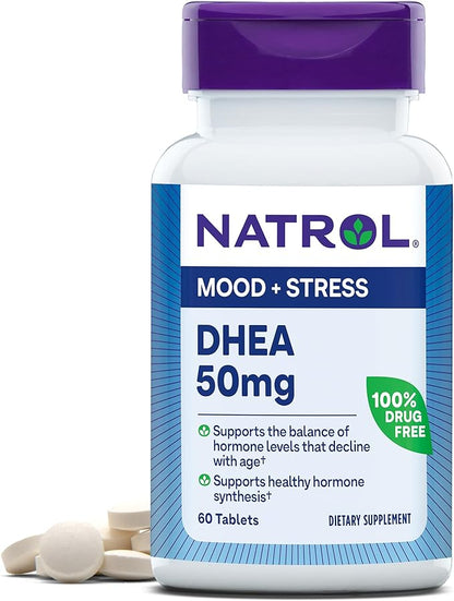 Natrol Mood & Stress DHEA 50mg With Calcium, Dietary Supplement for Balance of Certain Hormone Level and Mood Support, 60 Tablets, 60 Day Supply