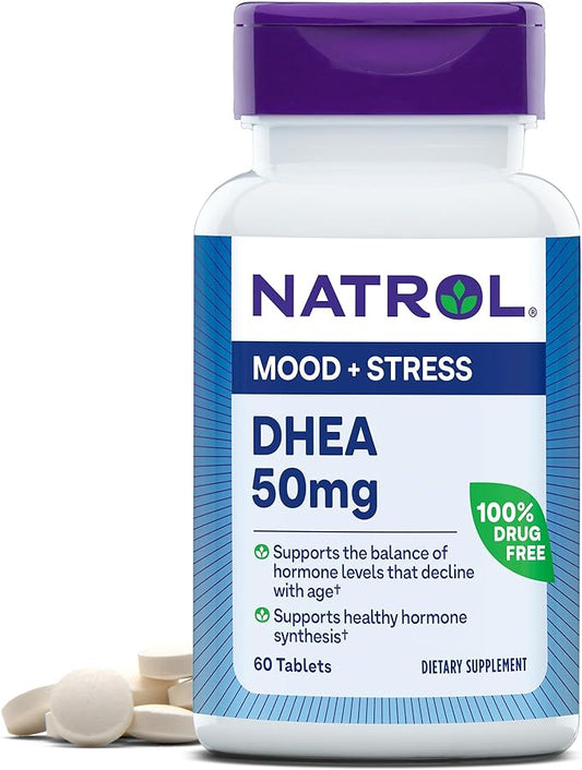 Natrol Mood & Stress DHEA 50mg With Calcium, Dietary Supplement for Balance of Certain Hormone Level and Mood Support, 60 Tablets, 60 Day Supply