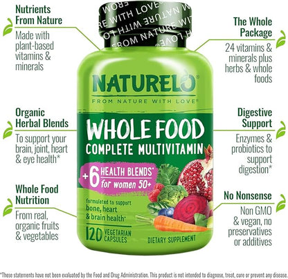 NATURELO Whole Food Multivitamin for Women 50+ (Iron Free) with Vitamins, Minerals, & Organic Extracts - Supplement for Post Menopausal Women Over 50 - No GMO - 120 Vegan Capsules