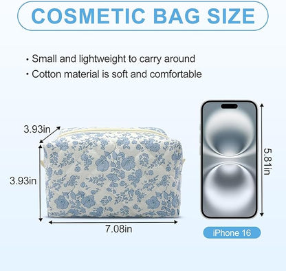 Quilted Makeup Bag,Small Travel Floral Cosmetic Bag Cute Pouch,Cotton Makeup Brushes Storage Bag for Women