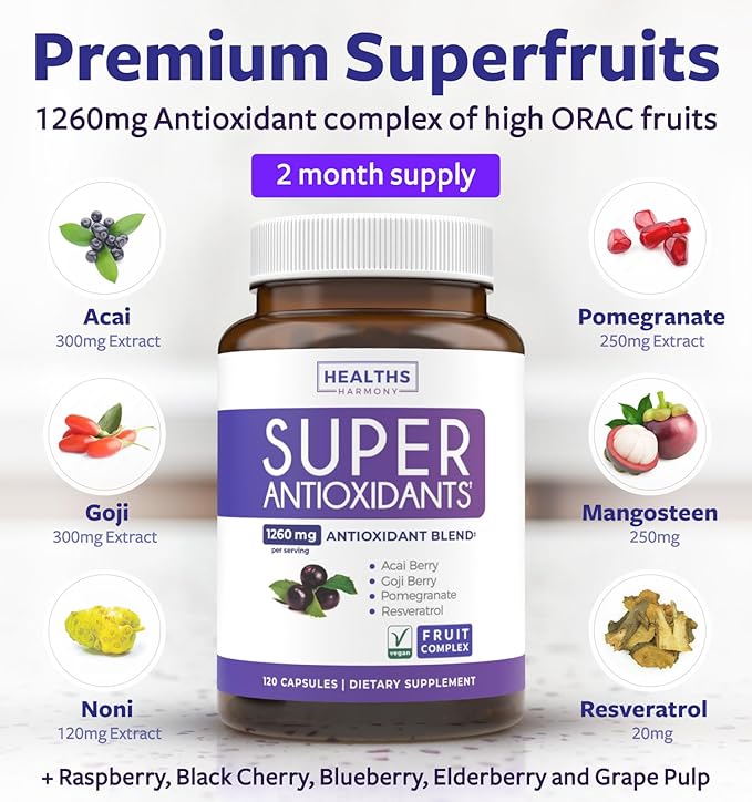 Super Antioxidants Supplement - Powerful Super Food Antioxidant Daily Blend - Acai Berry, Goji, Pomegranate & Trans Resveratrol - Herbal and Fruit Formula For Women and Men - Skin Care - 120 Capsules