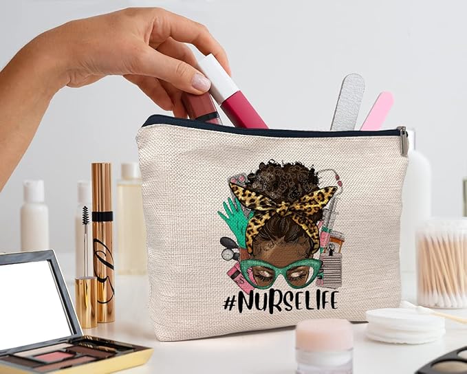 IWXYI Afro Messy Bun Nurse Life Cosmetic Bag For Women,Western Nurse Life Women's Makeup Bag Case Bags Zipper Pouch Travel Toiletry Gifts For Women Afro Nurse,Afro Nurse Gift,Nurses Day Gift