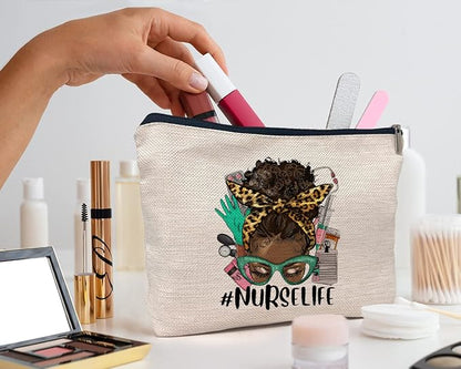 IWXYI Afro Messy Bun Nurse Life Cosmetic Bag For Women,Western Nurse Life Women's Makeup Bag Case Bags Zipper Pouch Travel Toiletry Gifts For Women Afro Nurse,Afro Nurse Gift,Nurses Day Gift